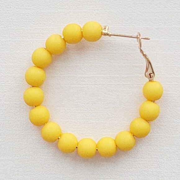 Elegant Solid Yellow Beaded Hoop Earrings - Perfectly Chic and Radiant - Picture 2 of 2